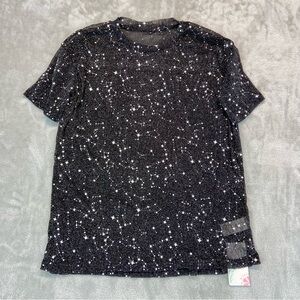 MakeMeChic Womens Size S Glitter Sheer Mesh Short Sleeve Tee Shirt Top Spacecore